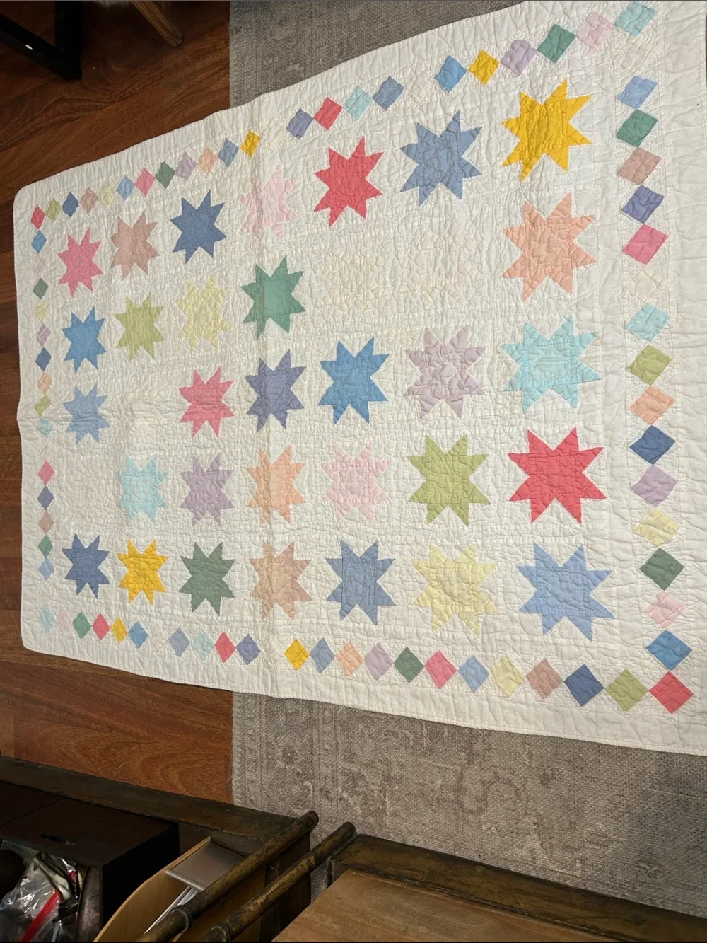 Vintage Claire Murray Handmade Star Patchwork Baby Quilt in Pastel Colors